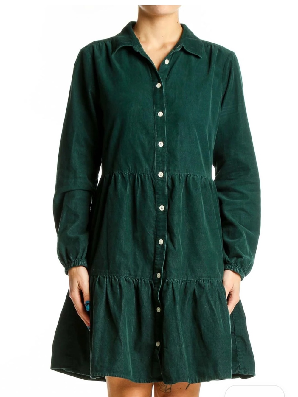 J. Crew Dark Forest Green Long-Sleeve Tiered Button-Front Dress